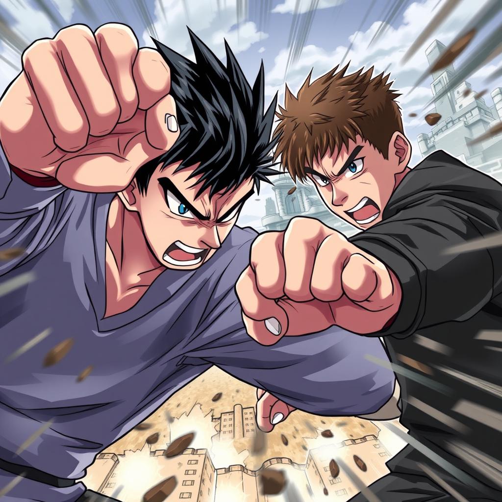 An anime-style illustration showcasing an intense fight scene between two men