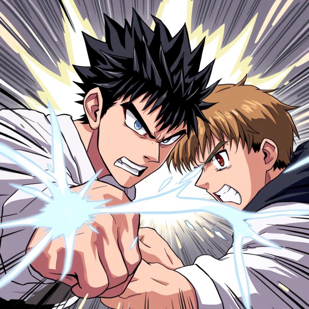 An anime-style illustration capturing an intense moment of battle between two men