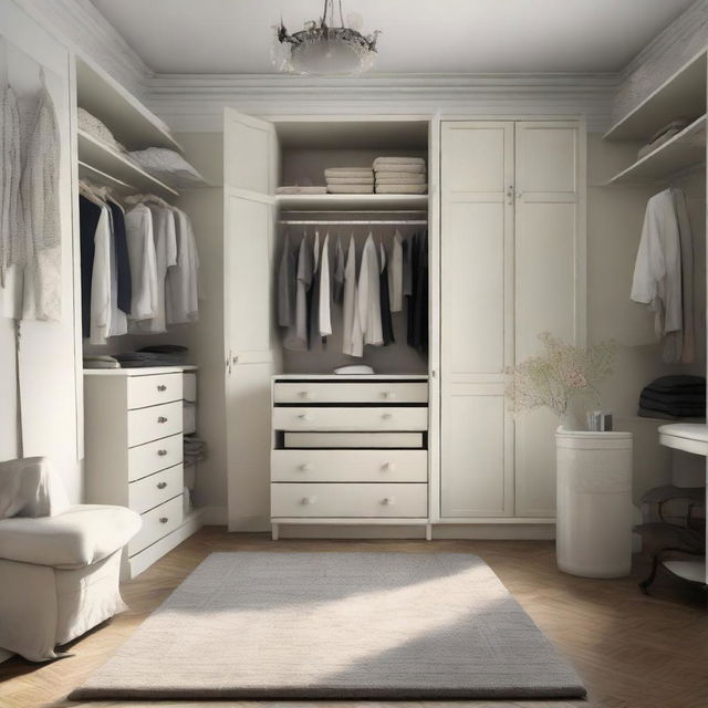 Interior design of a 10x12 foot room, furnished with a worn-out wardrobe and dressing area.