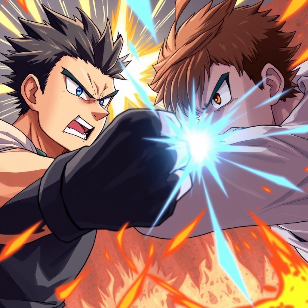 An anime-style illustration capturing a fierce duel between two men