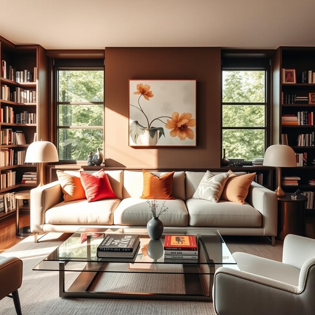 A stylish and cozy living room featuring a modern sofa