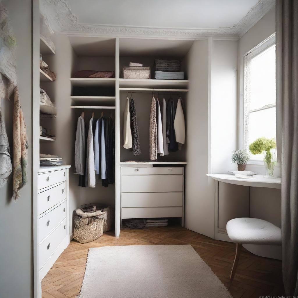 Interior design of a 10x12 foot room, furnished with a worn-out wardrobe and dressing area.