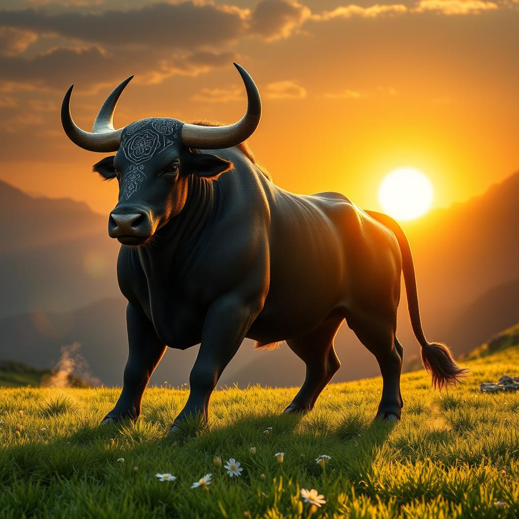 Aatxe, a mythical creature from Basque mythology, depicted as a powerful bull with a muscular build, standing majestically in a lush green meadow