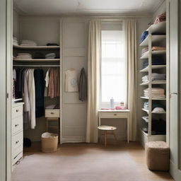 Interior design of a 10x12 foot room, furnished with a worn-out wardrobe and dressing area.