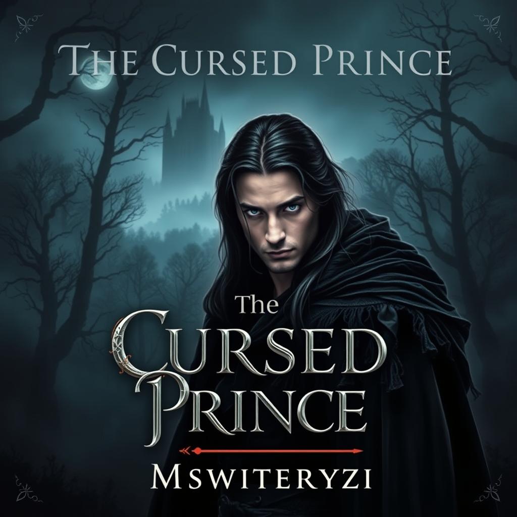 A stunning and dark romance book cover design featuring the title "The Cursed Prince" by Mswriterryzi in an elegant, gothic font
