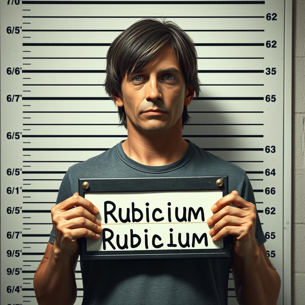 A realistic and detailed mugshot scene featuring a person standing against a height chart