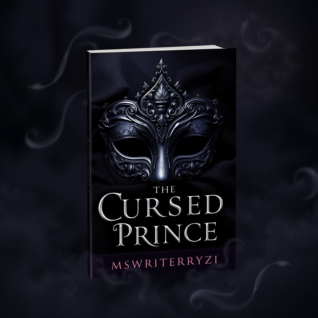 A stunning and dark romance book cover design featuring a striking half mask at the center, intricately designed with elegant detailing and textures