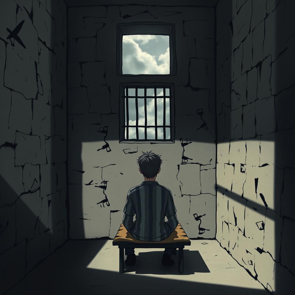 A scene depicting a solitary prisoner in a dimly lit cell, sitting on a small cot, looking contemplative