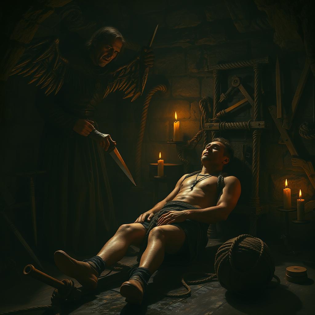 A dramatic and intense scene depicting a torturer and their victim in a dimly lit dungeon