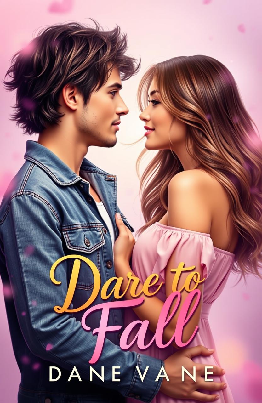 A romantic cover design inspired by the style of a popular Wattpad cover, featuring two young adults in a close, intimate pose