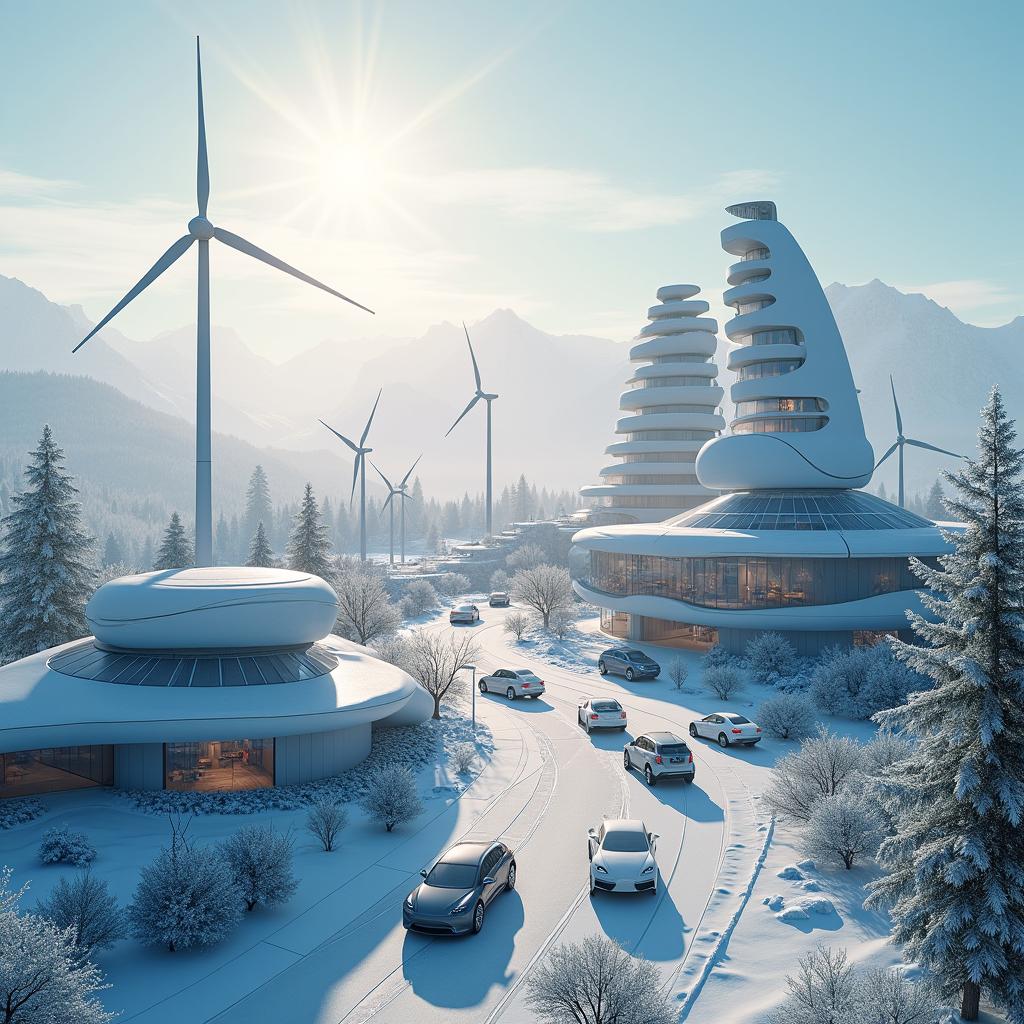 Design a modern city of the future set against the backdrop of Siberian snowy mountains