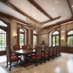 Produce an image of a home dining hall design measured 41ft by 13ft and 11ft height, featuring a grand dining table, comfortable seating, beautiful lighting and welcoming decor.