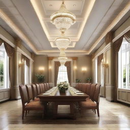 Produce an image of a home dining hall design measured 41ft by 13ft and 11ft height, featuring a grand dining table, comfortable seating, beautiful lighting and welcoming decor.