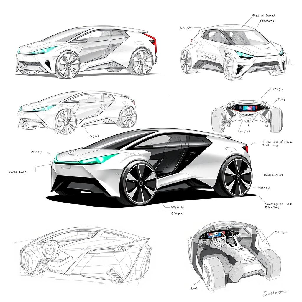 Several detailed sketches of an electric vehicle, showcasing its design features including a sleek aerodynamic body, modern interior with advanced dashboard technology, and eco-friendly elements