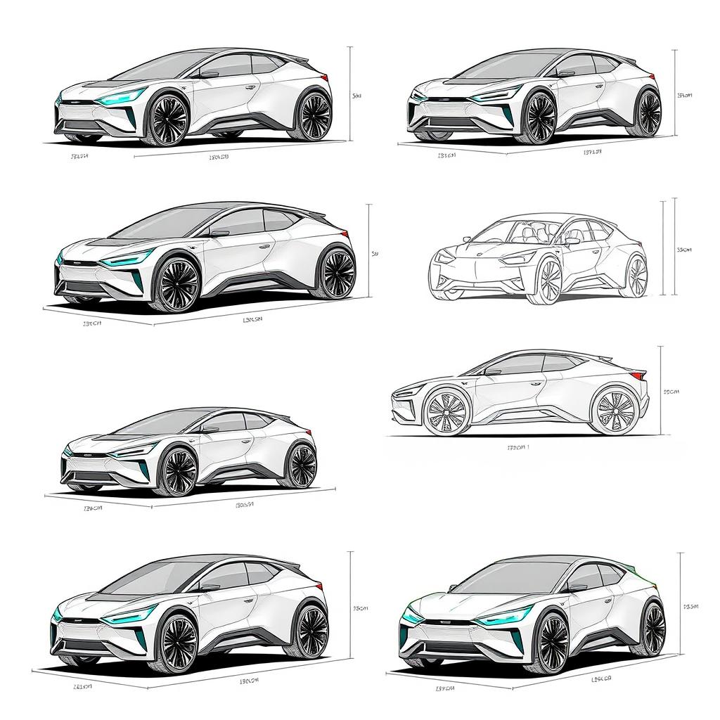 Create several sketches of futuristic electric vehicles with dimensions included