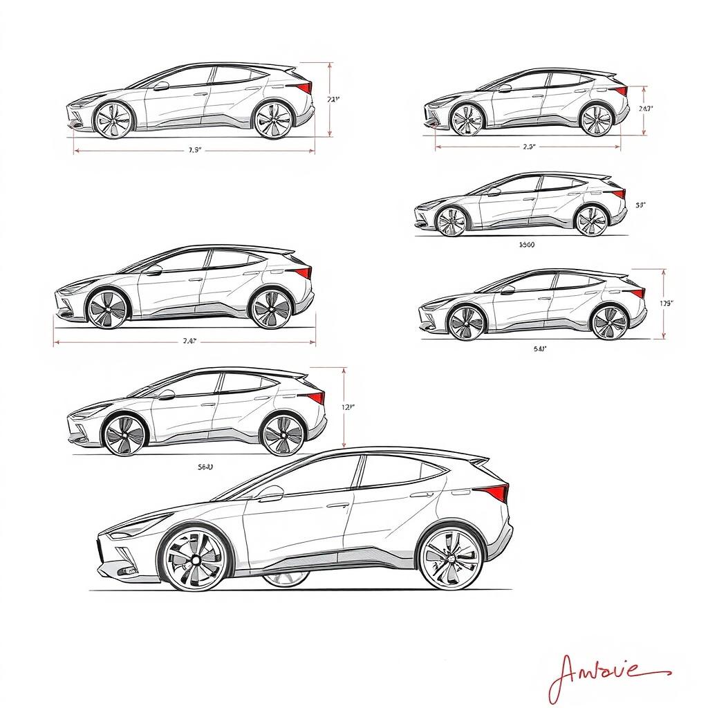 Create several detailed sketches of electric vehicles, including size specifications for each design