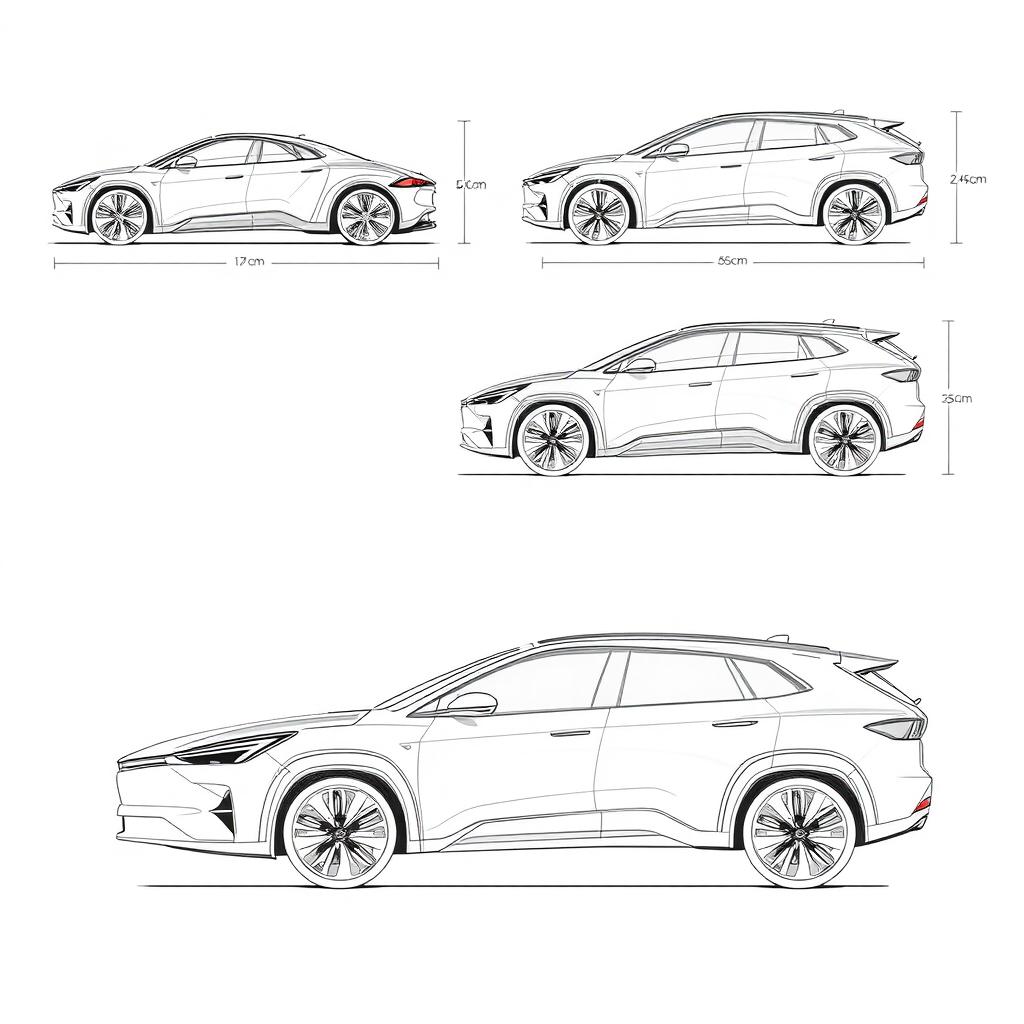 Create several detailed sketches of electric vehicles, each including specific dimensions