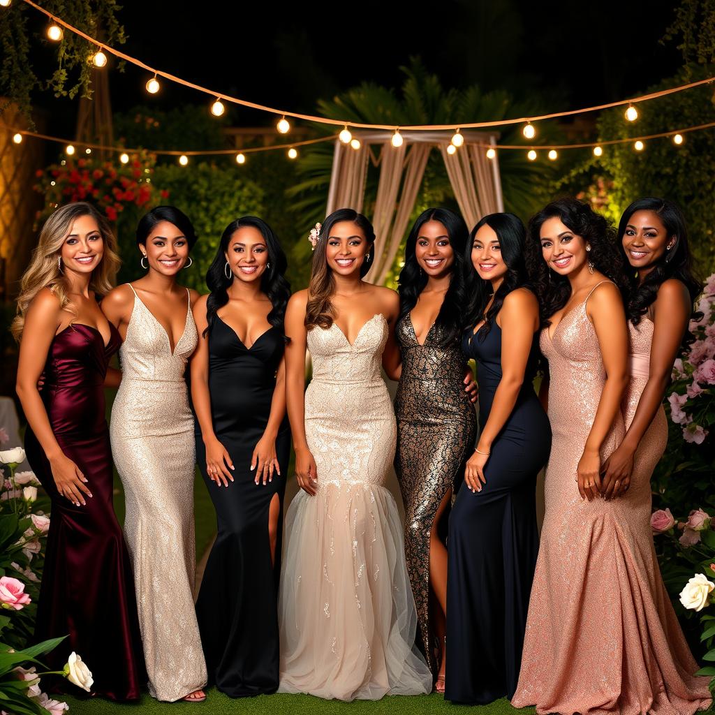 A group of beautiful women of diverse ethnicities standing together, dressed in elegant evening gowns that reflect a variety of styles, from glamorous and shimmering to classic and sophisticated
