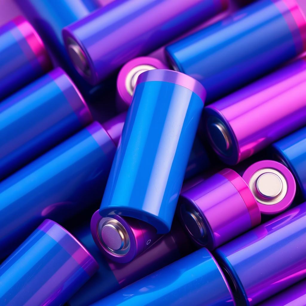 Create a design featuring multiple cylindrical lithium-ion battery cells in vibrant shades of blue and purple
