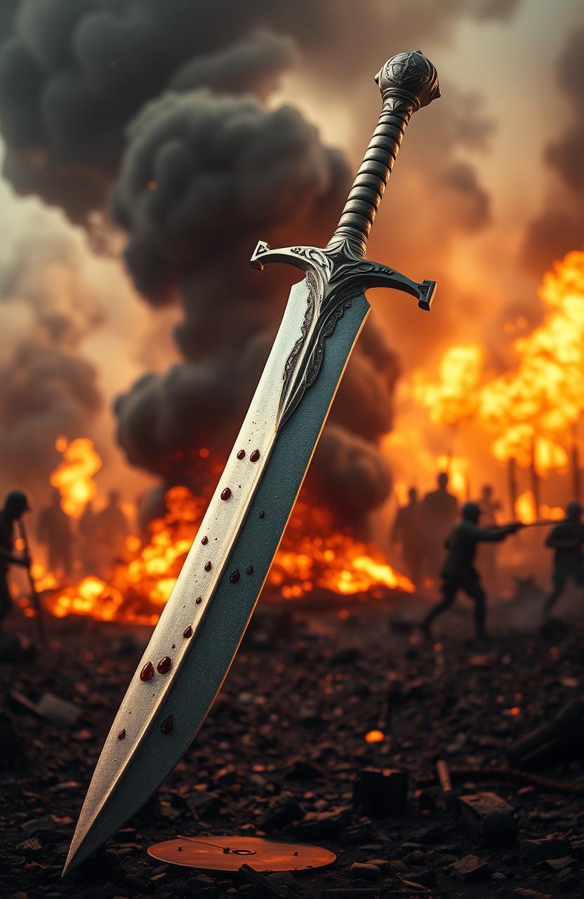 A striking metallic sword with a gleaming white hilt, prominently featured with droplets of crimson red blood on its blade