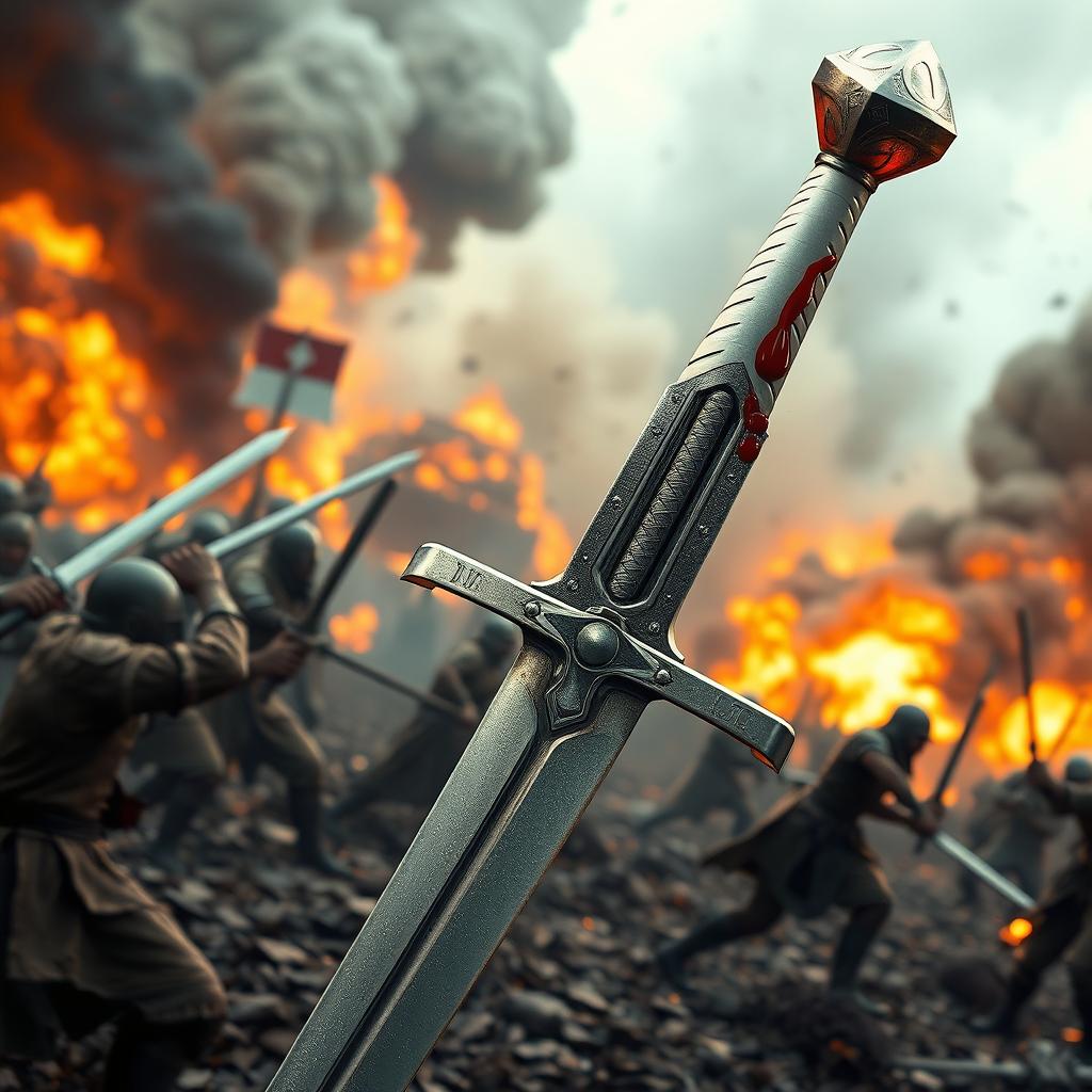 A striking metallic sword with a gleaming white hilt, prominently featured with droplets of crimson red blood on its blade