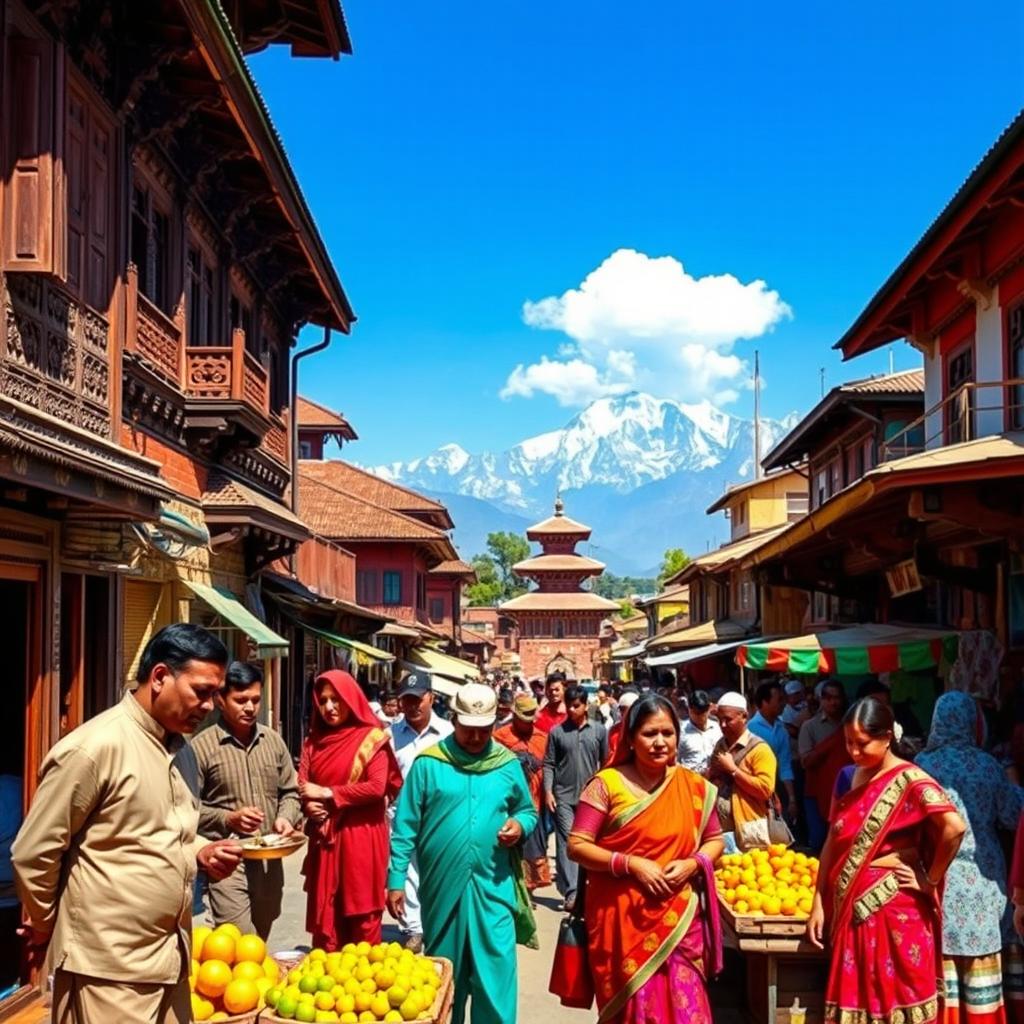 A vibrant depiction of Nepali culture and identity, showcasing a colorful street scene in Kathmandu