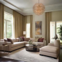 Design a living room that is 41 feet in length, 13 feet in width, and 11 feet in height with luxurious, modern-style furnishings decorated with soft, pleasing colors.