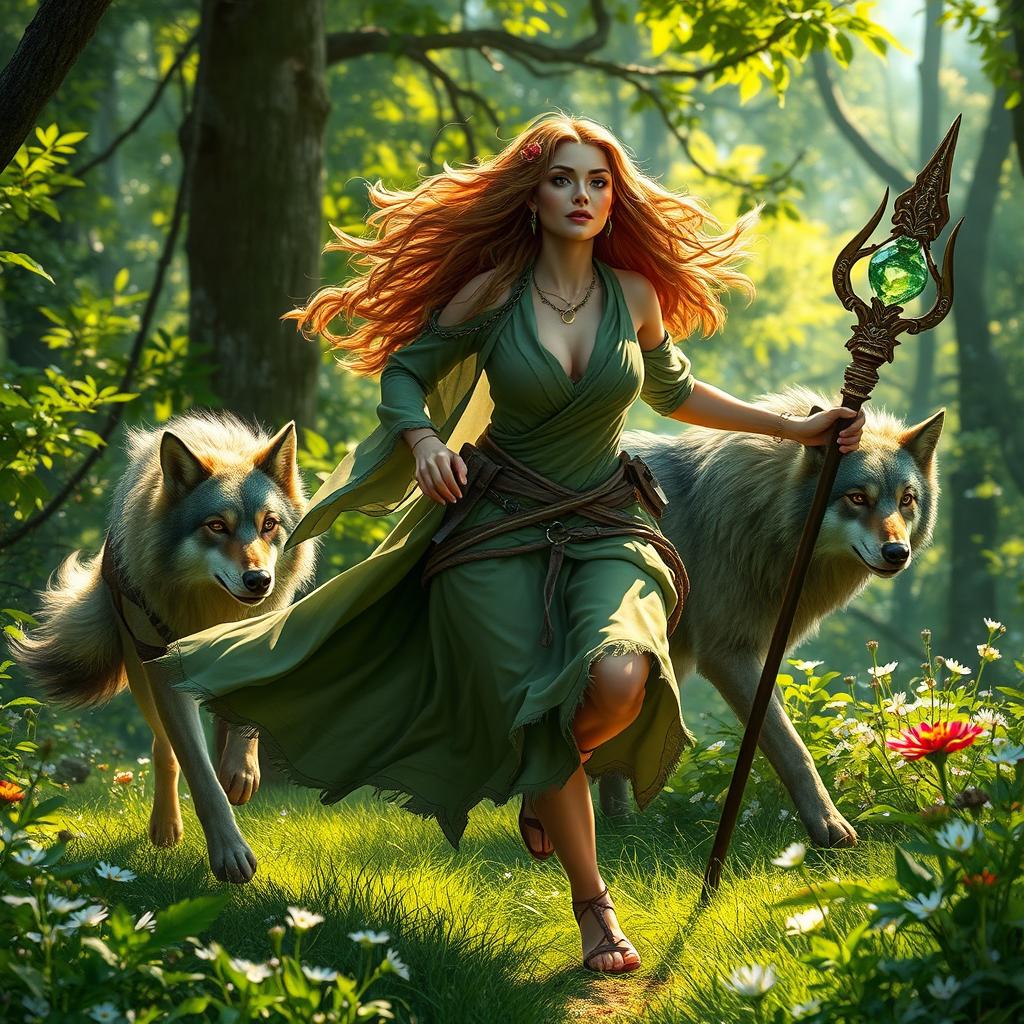 A mature female fantasy druid running through a lush green forest, her flowing robes catching the sunlight filtering through the trees