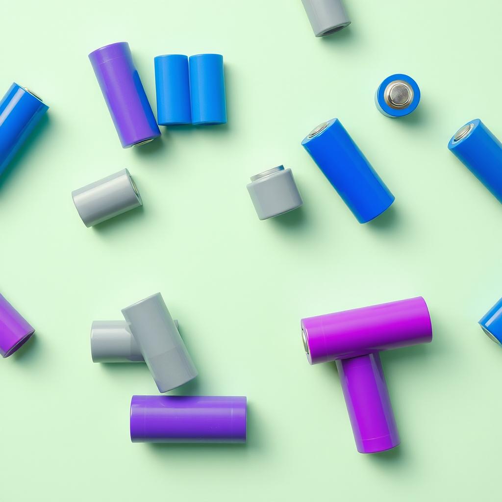 Design a collection featuring multiple prismatic and cylindrical lithium-ion cells in shades of blue, gray, and purple, set against a light green background