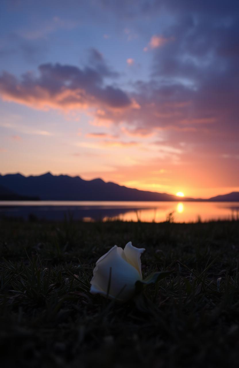 A poignant and emotional scene depicting a serene landscape at sunset, symbolizing loss and remembrance