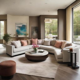 Design a living room that is 41 feet in length, 13 feet in width, and 11 feet in height with luxurious, modern-style furnishings decorated with soft, pleasing colors.