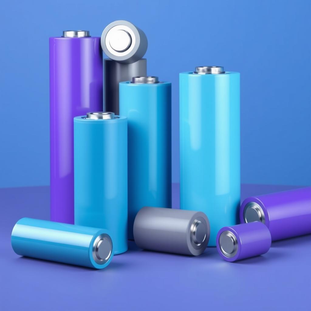 Create a design featuring prismatic and cylindrical lithium-ion batteries in shades of blue, gray, and purple