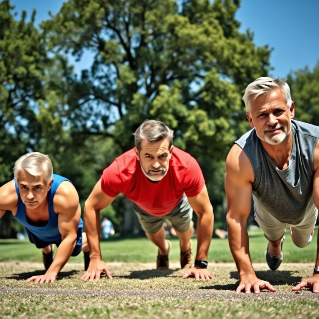 A group of three middle-aged men, around 45 years old, energetically doing push-ups in a park setting