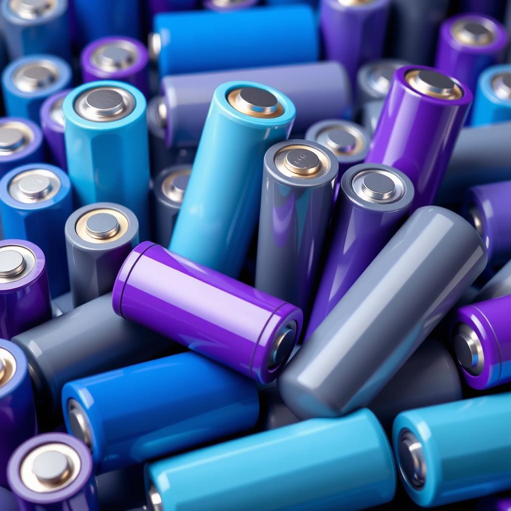 Design a stunning collection of prismatic and cylindrical lithium-ion batteries in shades of blue, gray, and purple