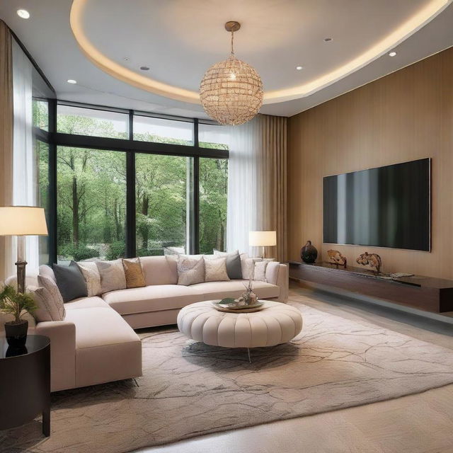 Design a living room that is 41 feet in length, 13 feet in width, and 11 feet in height with luxurious, modern-style furnishings decorated with soft, pleasing colors.