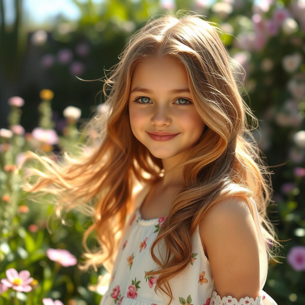 A pretty girl with flowing, wavy hair cascading down her shoulders, capturing a warm, sunny day