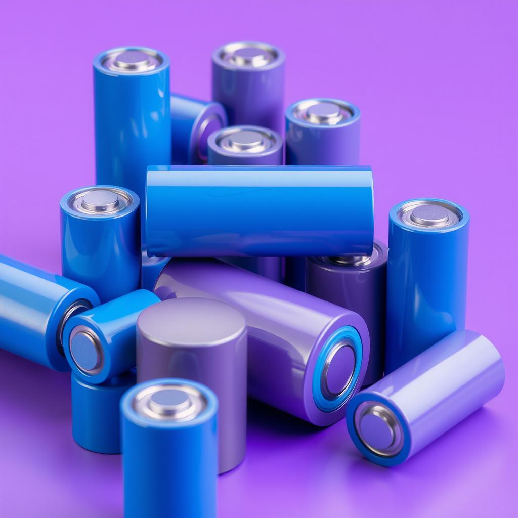 Create a design featuring cylindrical lithium-ion batteries in shades of blue, gray, and purple