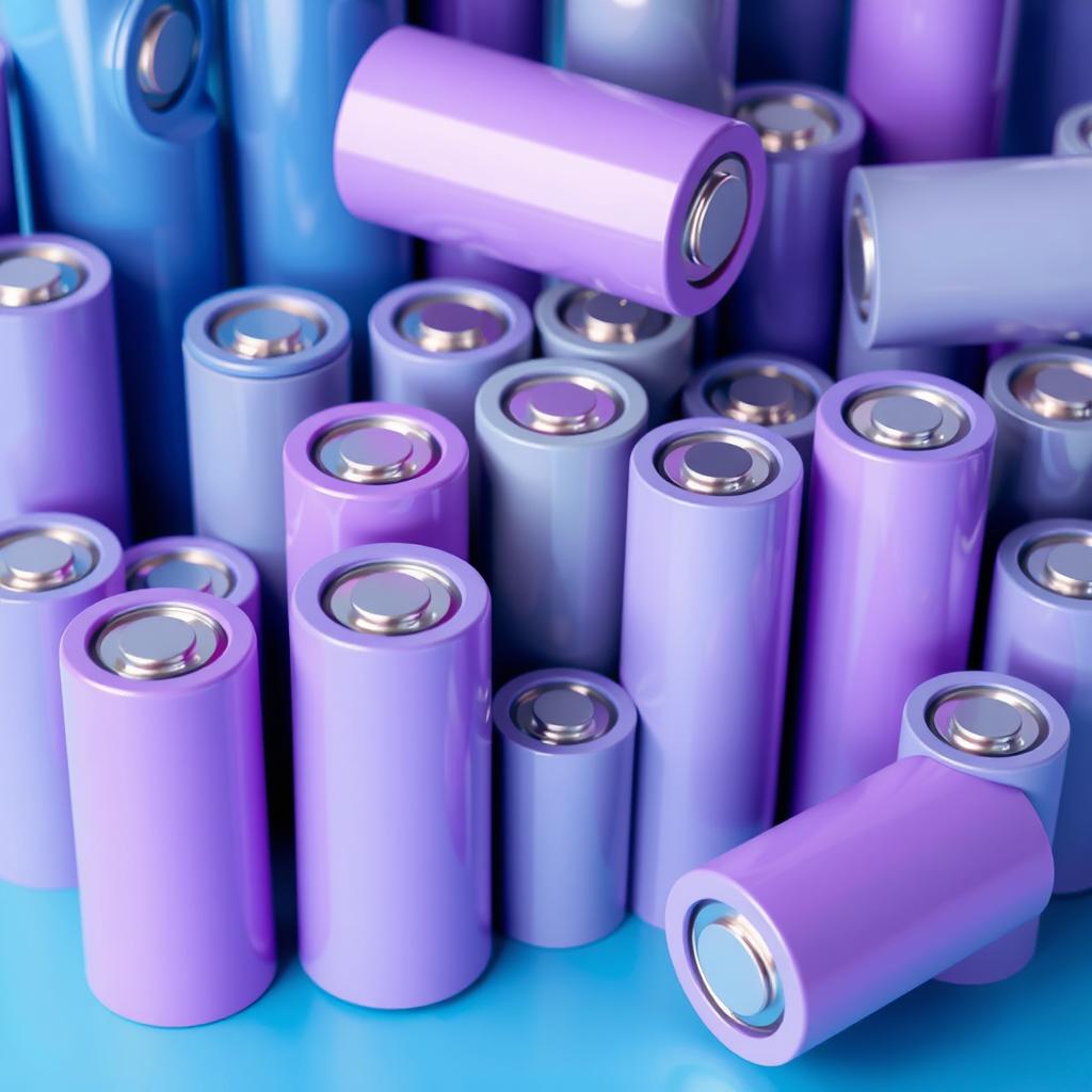 Design a visually striking arrangement of cylindrical lithium-ion batteries in vibrant shades of blue, gray, and purple