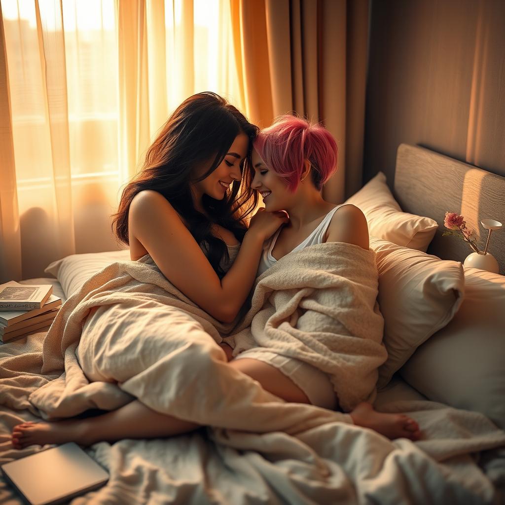 A cozy and intimate bedroom scene featuring two beautiful young women cuddling in bed