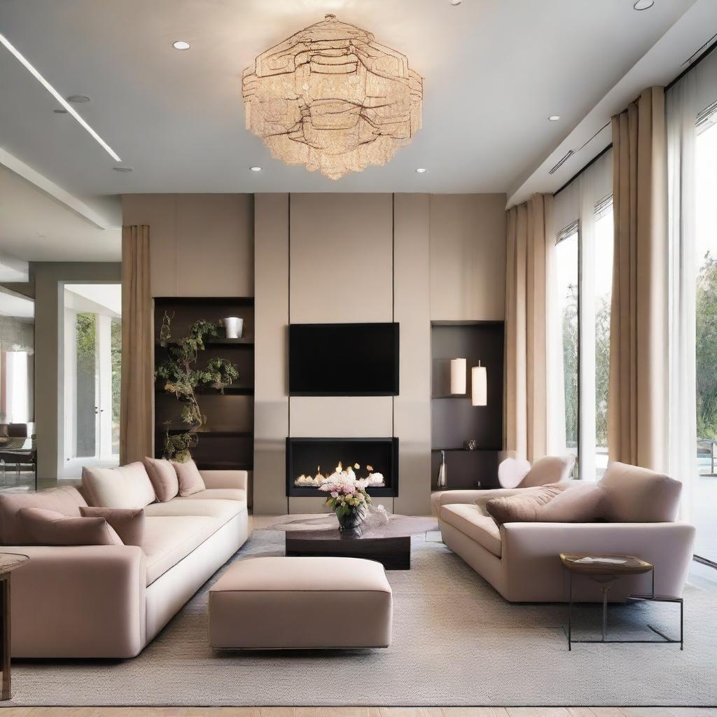 Design a living room that is 41 feet in length, 13 feet in width, and 11 feet in height with luxurious, modern-style furnishings decorated with soft, pleasing colors.