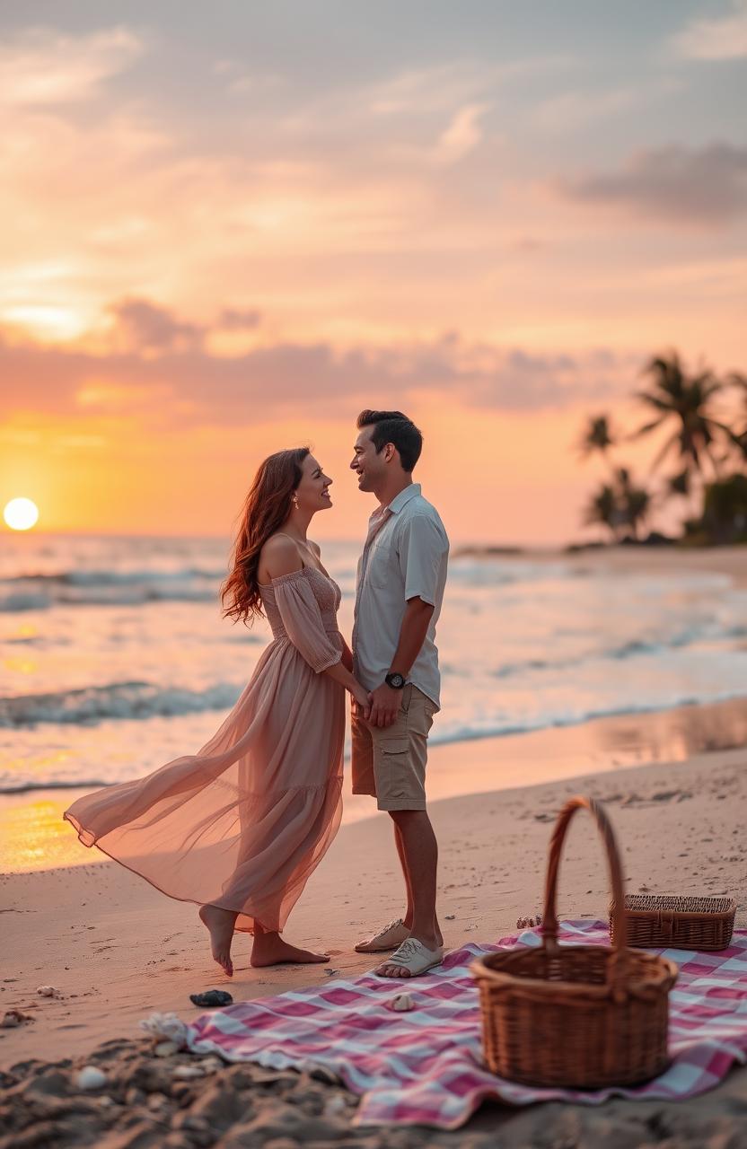 A romantic sunset scene at a beautiful beach, where a couple is holding hands, gazing into each other's eyes with smiles on their faces