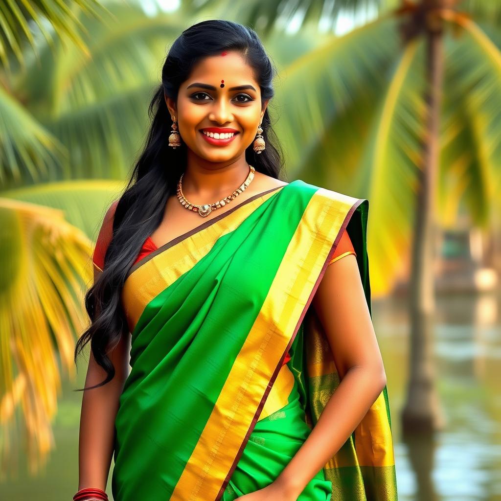 A beautiful South Indian woman, known for her rich, dark hair and warm brown skin tone, wearing a traditional Kerala saree in vibrant colors like green and gold