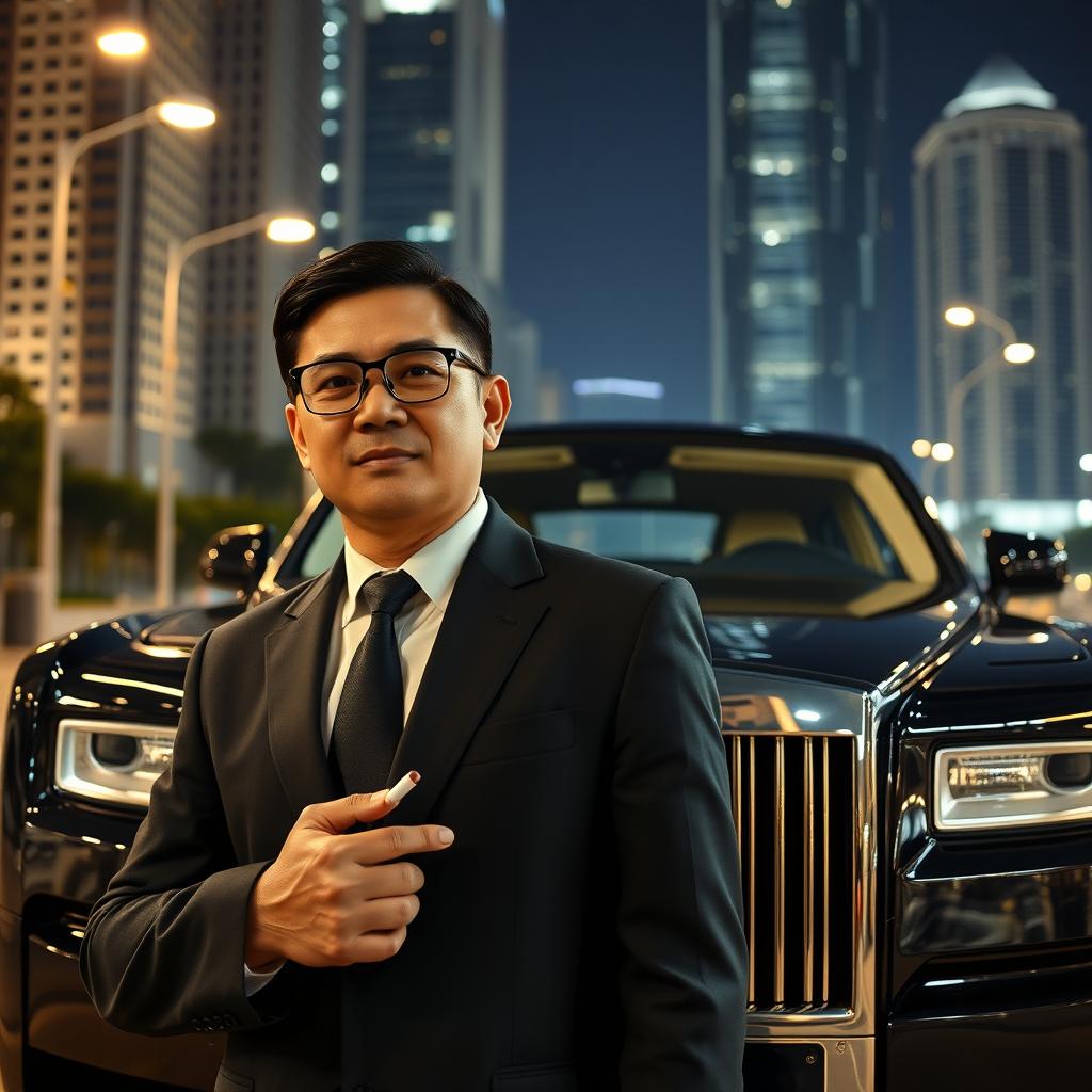 A confident Indonesian man around 30 years old, with a smooth, clean-shaven face and no mustache or beard, wearing classic glasses and an elegant black suit, stands in front of a shiny black Rolls Royce Phantom