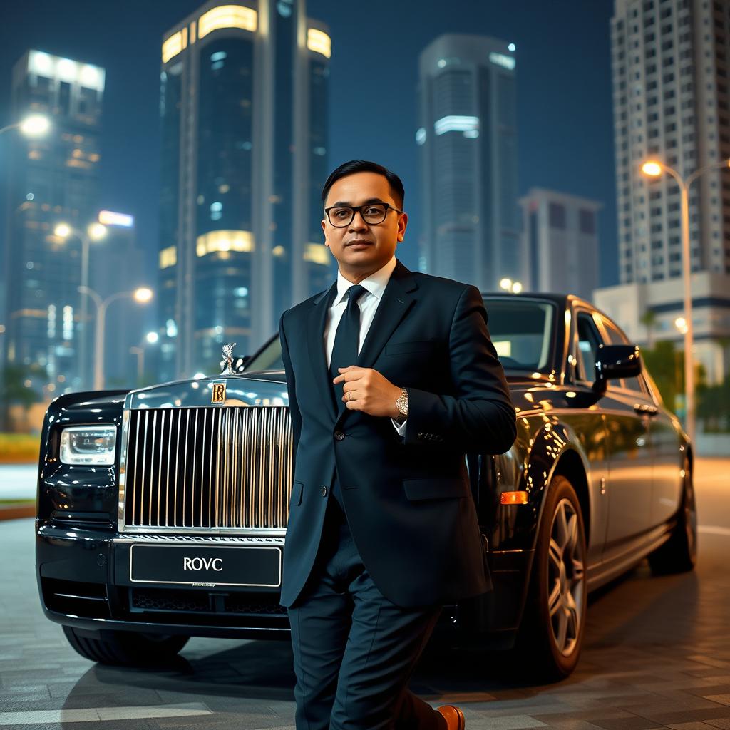 A confident Indonesian man around 30 years old, with a smooth, clean-shaven face and no mustache or beard, wearing classic glasses and a Godfather-style suit, stands in front of a shiny black Rolls Royce Phantom