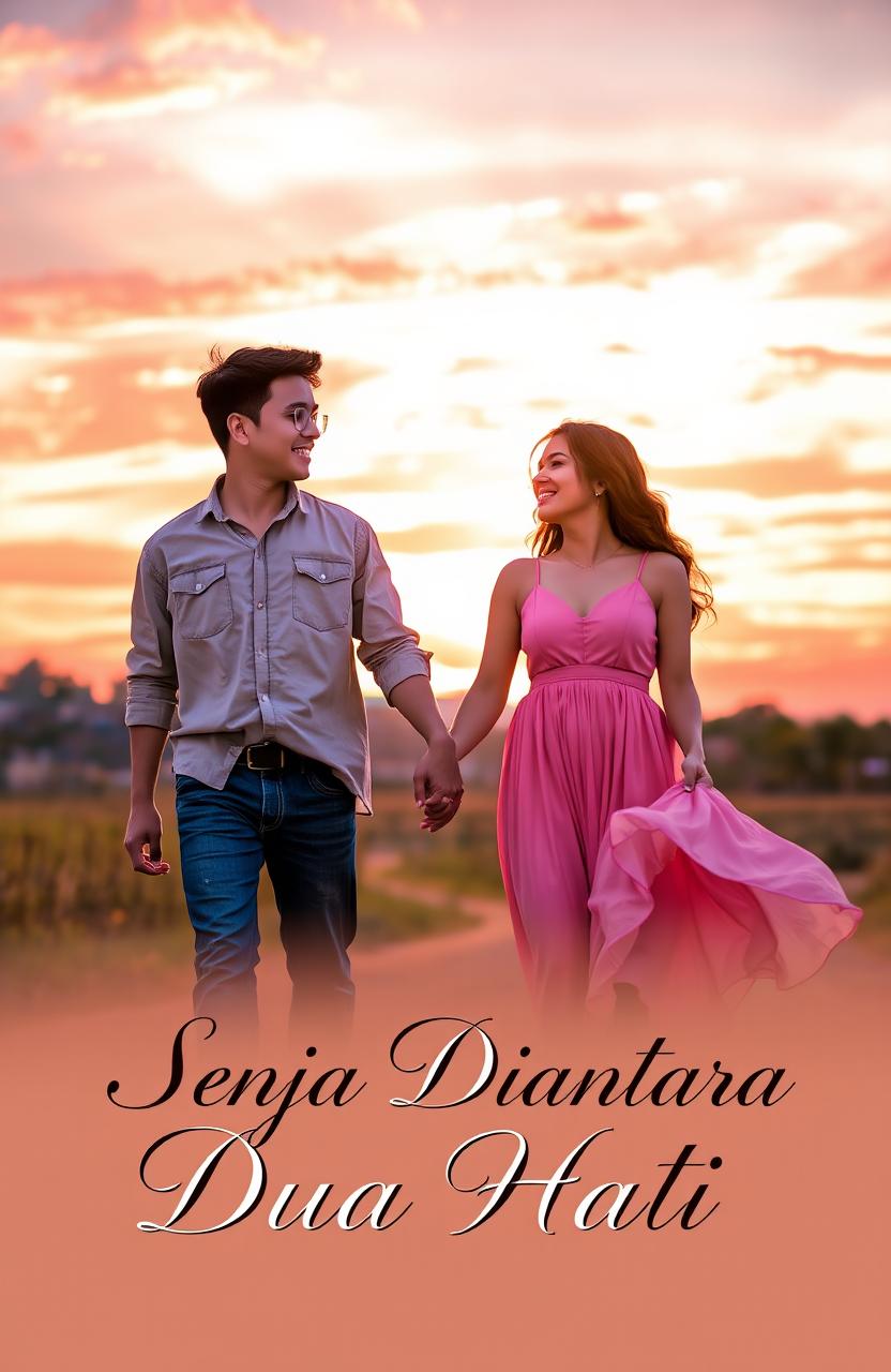 A romantic scene depicting a young man and woman holding hands as they walk together at sunset