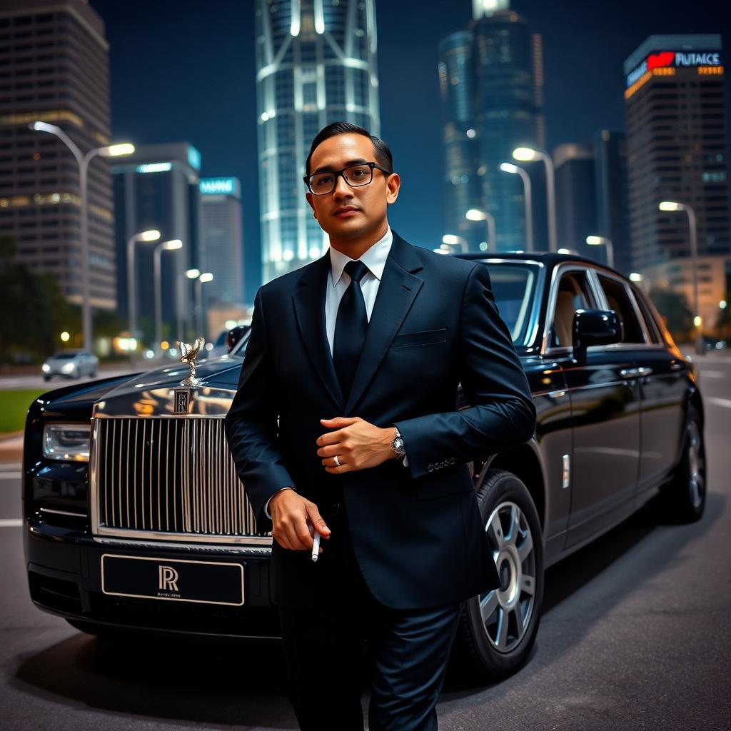 A confident Indonesian man around 30 years old, with a smooth, clean-shaven face and no mustache or beard, wearing classic glasses and a Godfather-style suit, stands in front of a shiny black Rolls Royce Phantom