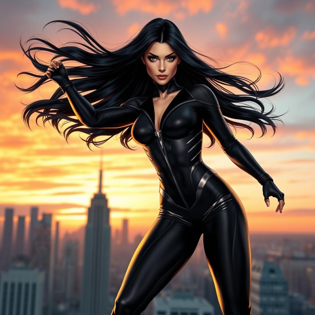 An elegant black-haired female superhero, wearing a sleek and form-fitting black costume with metallic accents, showcasing her athletic build