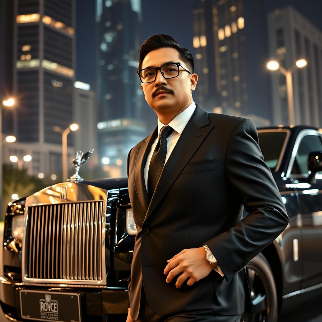 A confident Indonesian man around 30 years old, with a smooth, clean-shaven face and no mustache or beard, wearing classic glasses and slicked-back hair in a vintage style