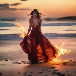 A runway fashion model on a sandy beach at sunset, mysteriously surrounded by intense, ethereal flames that dance and flicker in the breeze, creating a contrast between the natural beauty of the landscape and the transcendent fire.