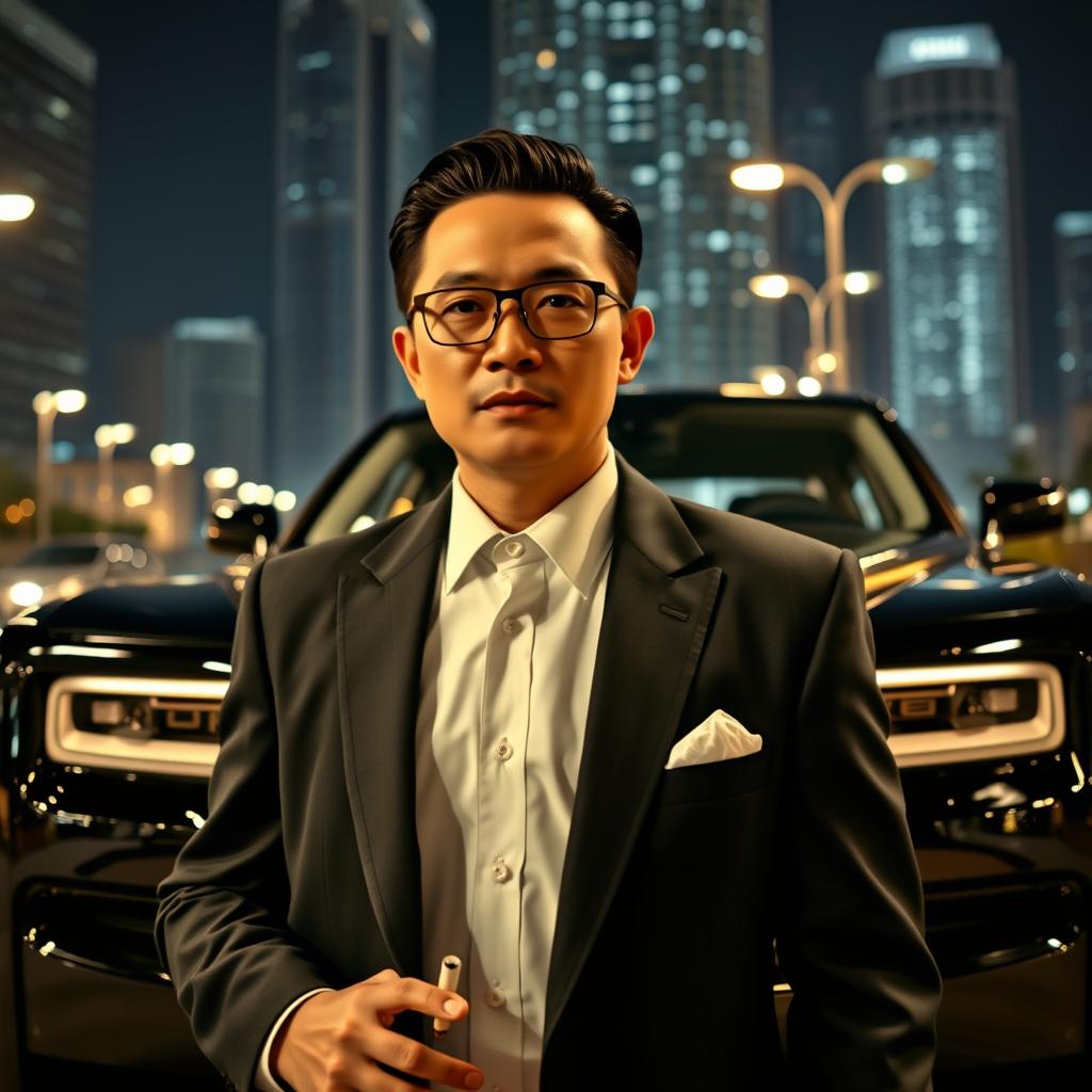 A confident Indonesian man around 30 years old, with a smooth, clean-shaven face, no mustache or beard, wearing glasses and slicked-back hair in a classic style